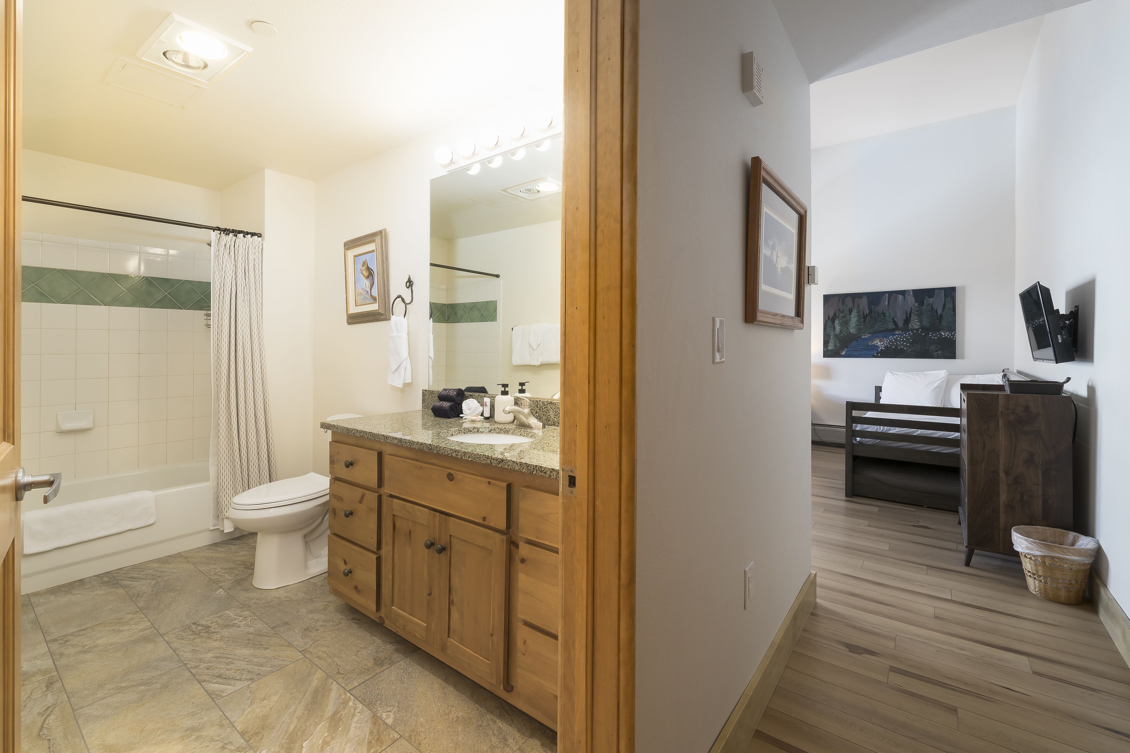 A bathroom with a shower, toilet, and vanity.