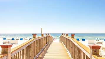 On the beach, sun loungers