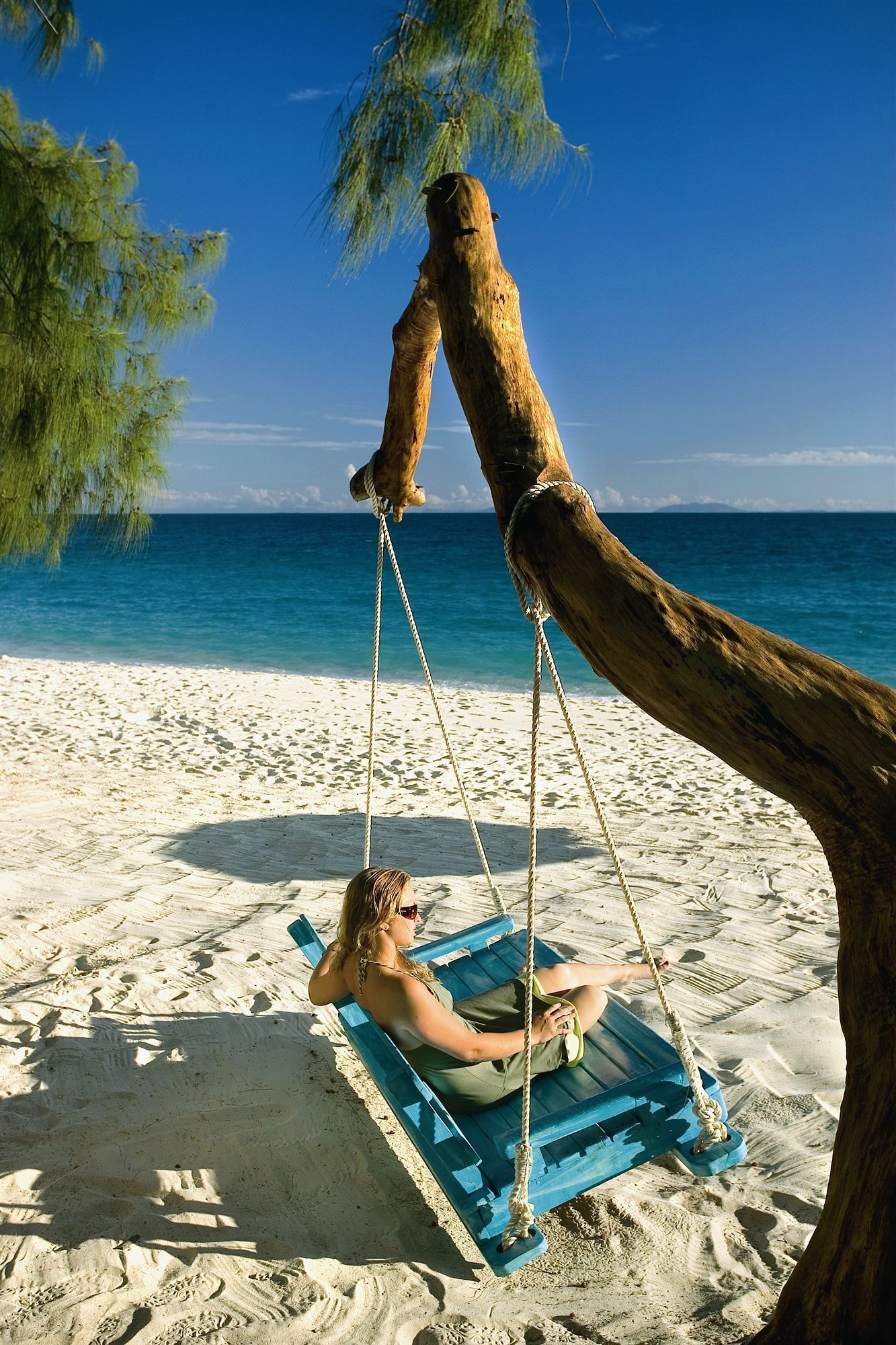 Une personne est assise sur une balançoire fixée à un arbre, sur une plage de sable. Le ciel est d’un bleu limpide et l’océan se trouve en arrière-plan.