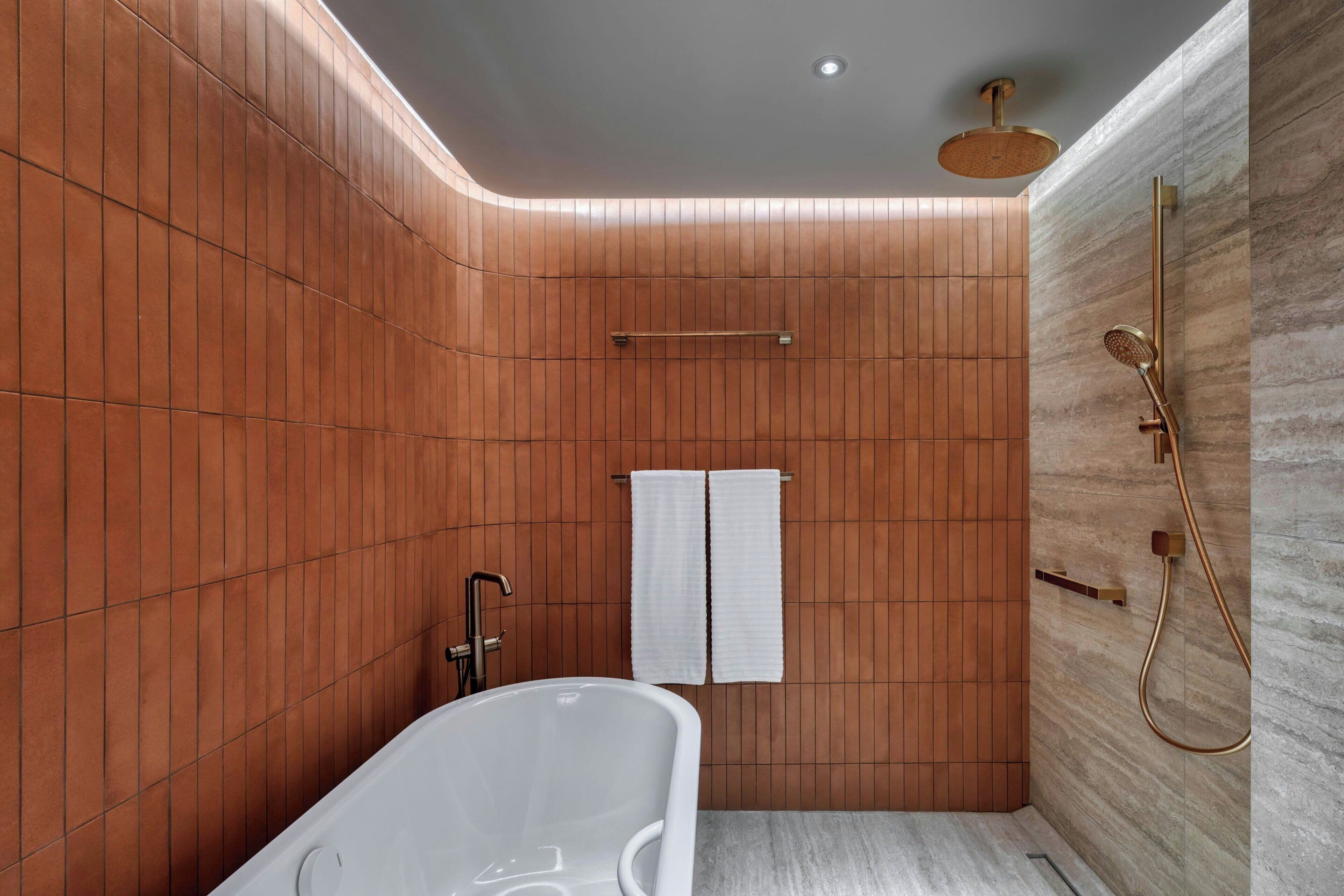 Un baño moderno con una bañera independiente, un cabezal de ducha y un perchero para toallas.