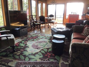 Smart TV, fireplace, books, stereo