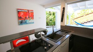 A modern kitchen with a gas stove, a sink, and a window overlooking a garden. - T2 Design for 2 with small private pool, ideal for a loving couple. (Les Trois ILets)
