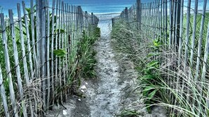 A narrow dirt path flanked by wooden fences leading to a beach. - Enjoy Gorgeous Sunsets From Your Waterfront Beach House. (Hull)