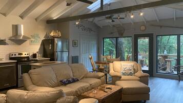 Smart TV, chimenea, reproductor de DVD y libros