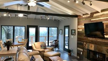 Smart TV, chimenea, reproductor de DVD, libros