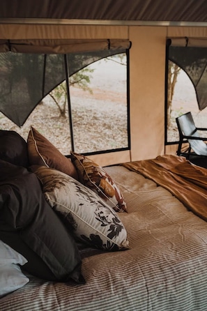 A tent with a bed, pillows, and a chair. - Carnaby Wandagar Eco Tent—Nature-Immersed Glamping (Pemberton)