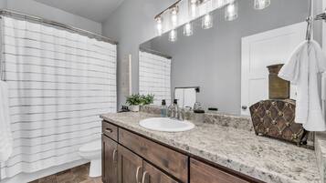Combined shower/bathtub, hair dryer, towels, soap