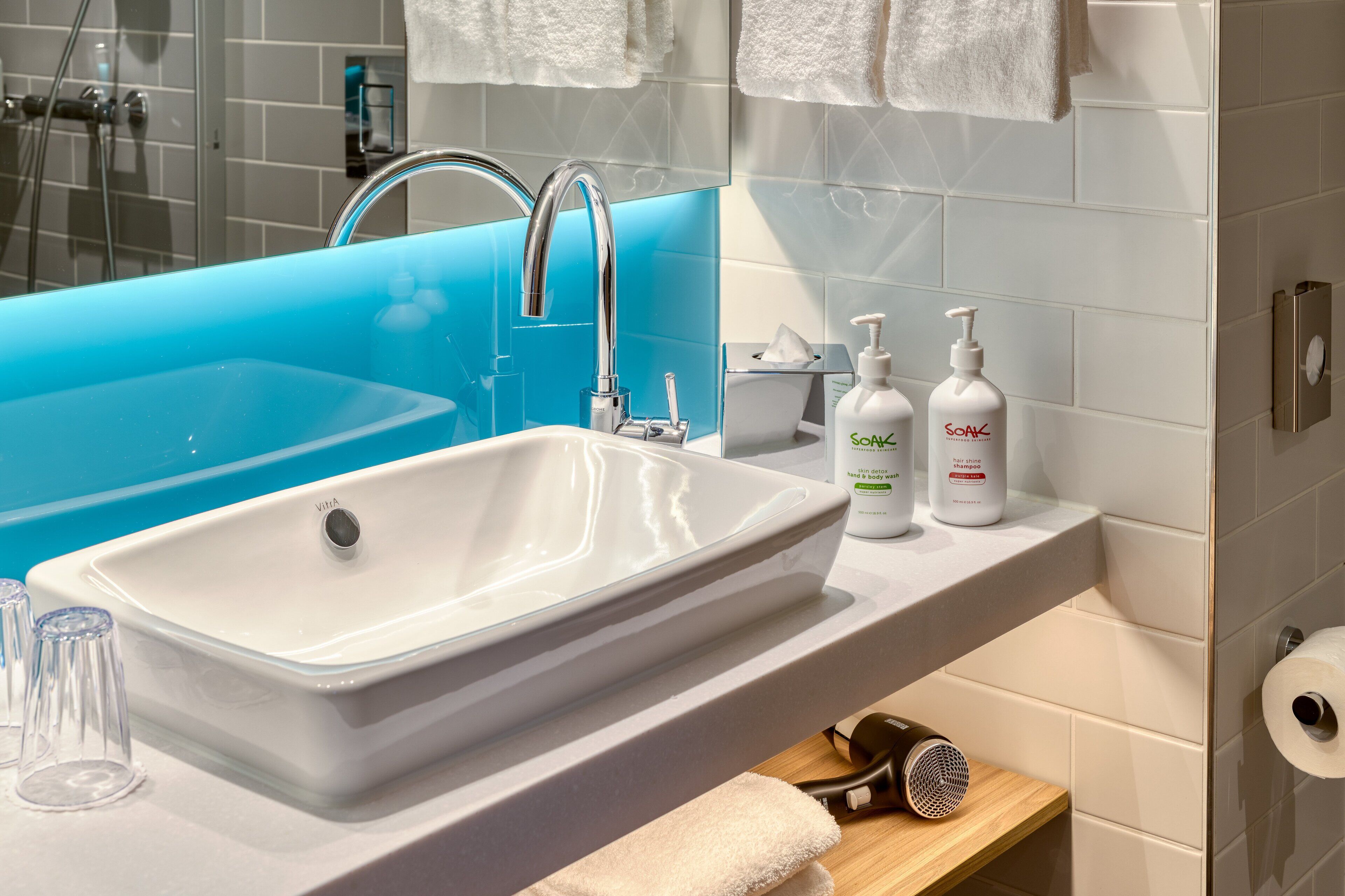 free toiletries, hair dryer, towels