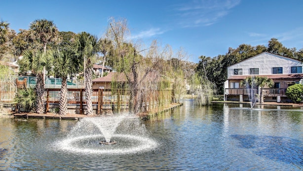 A serene lake with a fountain in the center, surrounded by palm trees and a wooden deck. - Pet Friendly | Updated Forest Ridge Villa | Short Walk to the Beach | Community Pool & Tennis (Fernandina Beach)