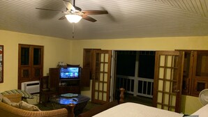 Una habitación con cama, televisor, una silla de mimbre, una mesa y un ventilador de techo.