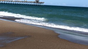 Una spiaggia con un molo che si protende sull'oceano.