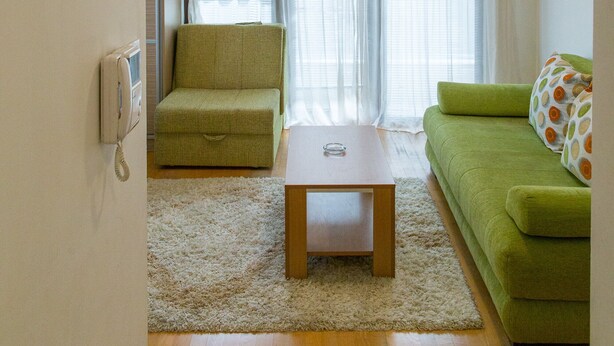 Un salon avec un canapé vert, un fauteuil vert, une table basse en bois et un tapis blanc.