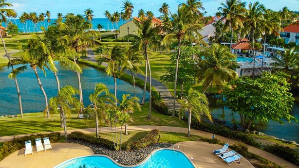 Een resort met een zwembad, palmbomen en uitzicht op de oceaan.