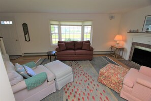 Smart-tv, eldstad, böcker och en stereo