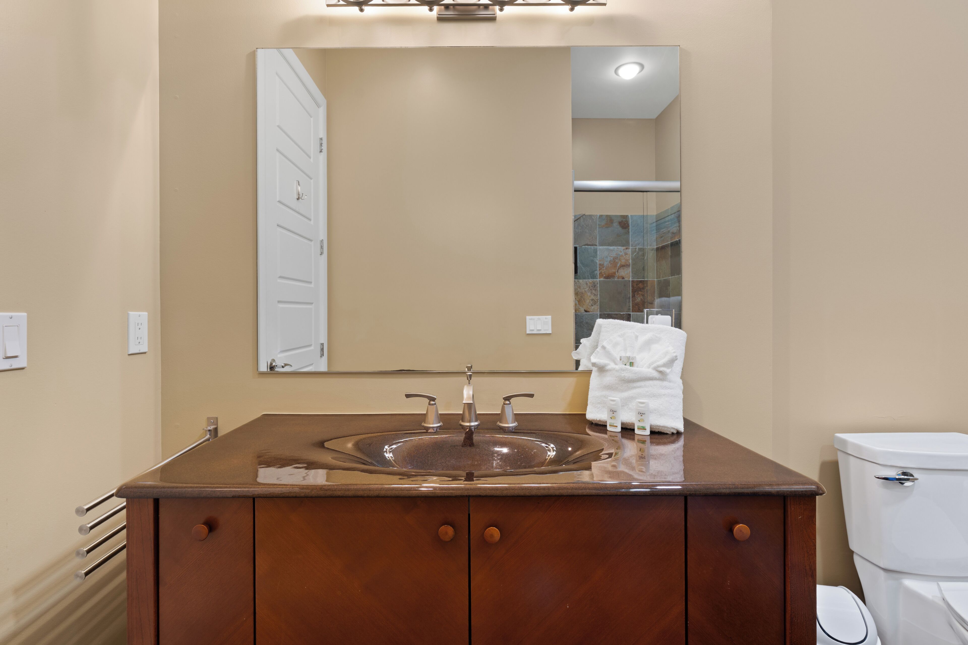 Une salle de bain avec un meuble-lavabo en bois, un évier, un miroir et des toilettes.