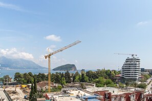 Un paysage urbain côtier avec des grues de construction, une grande montagne et un bâtiment moderne en construction.