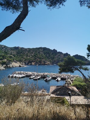 A coastal scene with boats docked at a pier, surrounded by rocky terrain and dense vegetation.