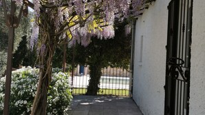 Un passadís cobert amb una pergola que sosté flors morades, un edifici blanc amb una porta negra i un camí pavimentat.