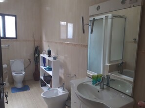 Chuveiro, secador de cabelo, bidê, toalhas de banho