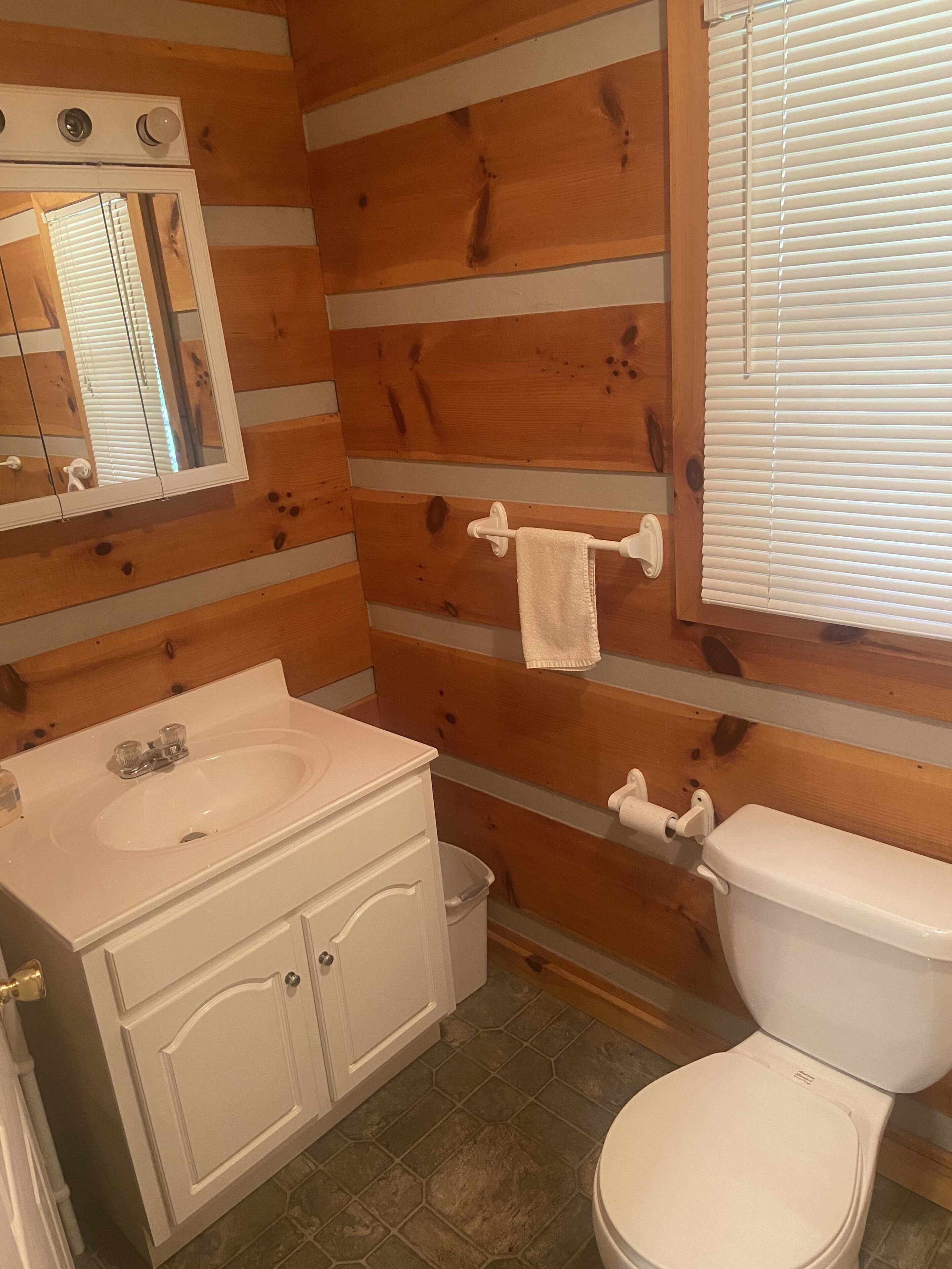Une salle de bain avec des murs en bois, un lavabo blanc, des toilettes et un miroir.