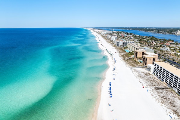 On the beach, sun loungers