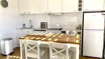 Fridge, microwave, electric kettle, toaster