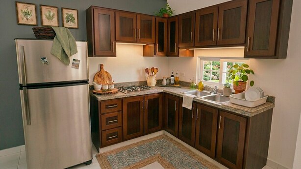 Una cucina con mobili in legno scuro, un frigorifero in acciaio inossidabile e una finestra con vista sul verde.