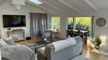 TV connectée, cheminée, jeux vidéo, livres