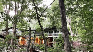 Eine Hütte, umgeben von dichtem Wald, mit einer Holzterrasse und einer Treppe, die zu einer zweiten Ebene führt.