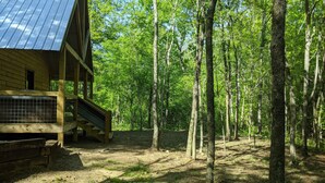 A wooden cabin with a metal roof, surrounded by a forest. - Faye's Retreat (Fort Payne)