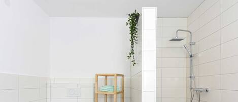 Douche, séchoir à cheveux, serviettes fournies, savon