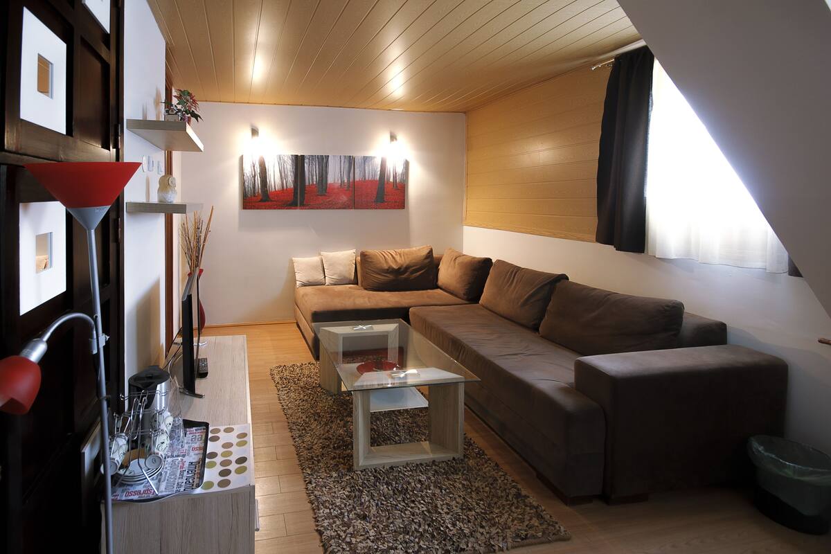 Una sala de estar moderna con un sofá, una mesa de centro de vidrio y un cuadro en la pared.