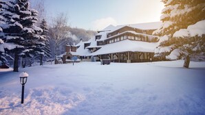 Un edificio cubierto de nieve con techo inclinado, un espacio al aire libre techado y árboles cargados de nieve.