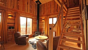 Chimenea, libros y estéreo