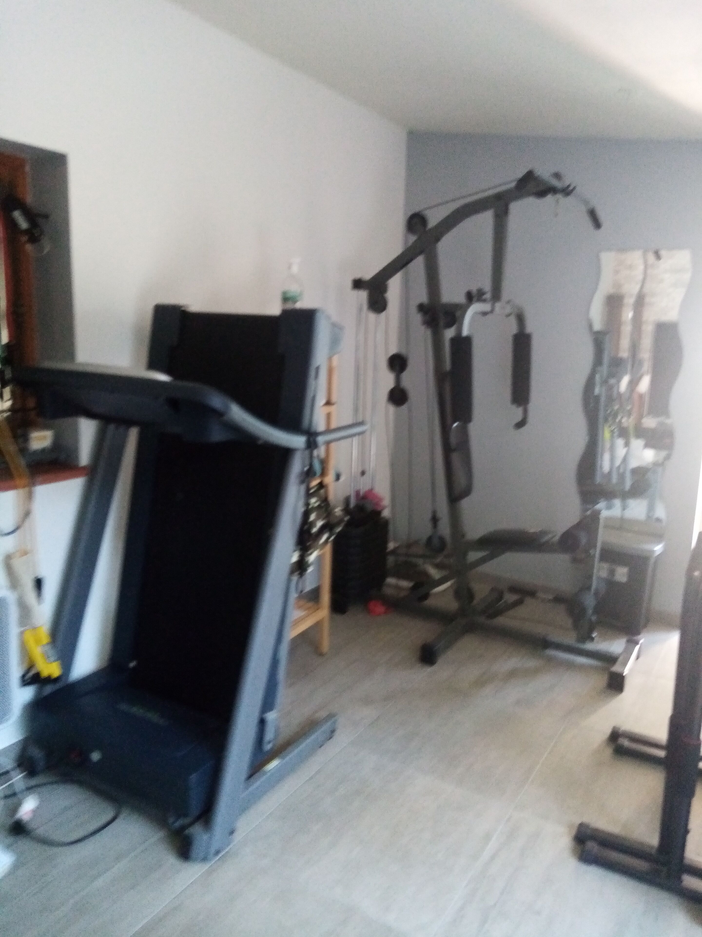 Ein Fitnessraum mit Laufband, einer Gewichtbank und verschiedenen Trainingsgeräten.