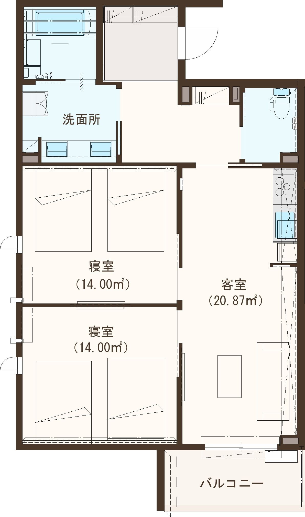 A hotel floor plan with two bedrooms (14.00m² each), a larger room (20.87m²), a bathroom, a living area, and a balcony.