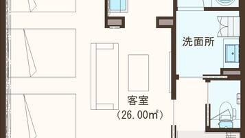 Plan d’une chambre d’hôtel comprenant une salle de bain, une petite cuisine et une chambre d’environ 26 mètres carrés.