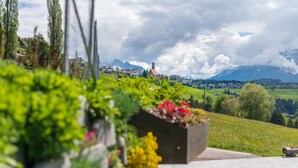 A garden area with a view of a town and mountains in the background. - House Oberzöhr App 2 (Deutschnofen)