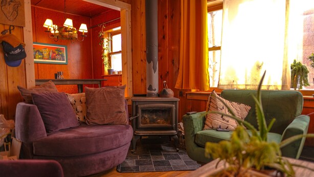 A cozy living room with a fireplace, purple and green sofas, and wooden walls. - Cozy Wilson Cabin (Wilson)