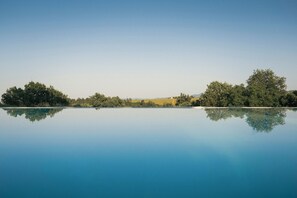 Une piscine extérieure paisible, avec une eau claire qui reflète les arbres environnants et un bâtiment situé au loin.