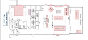Een plattegrond van een hotel met een centrale woonruimte, keuken, eetkamer en een overdekt uitkijkterras.