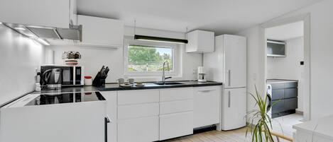 Fridge, stovetop, dishwasher, coffee/tea maker