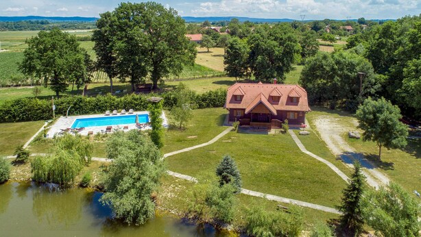 A house with a swimming pool, surrounded by lush greenery and a pond.