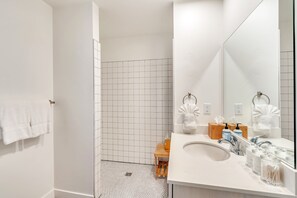 Hair dryer, towels, soap, toilet paper