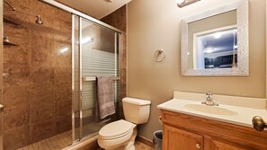 Hair dryer, towels, soap, toilet paper