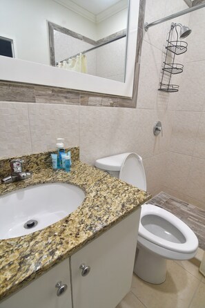 Shower, towels, soap, toilet paper