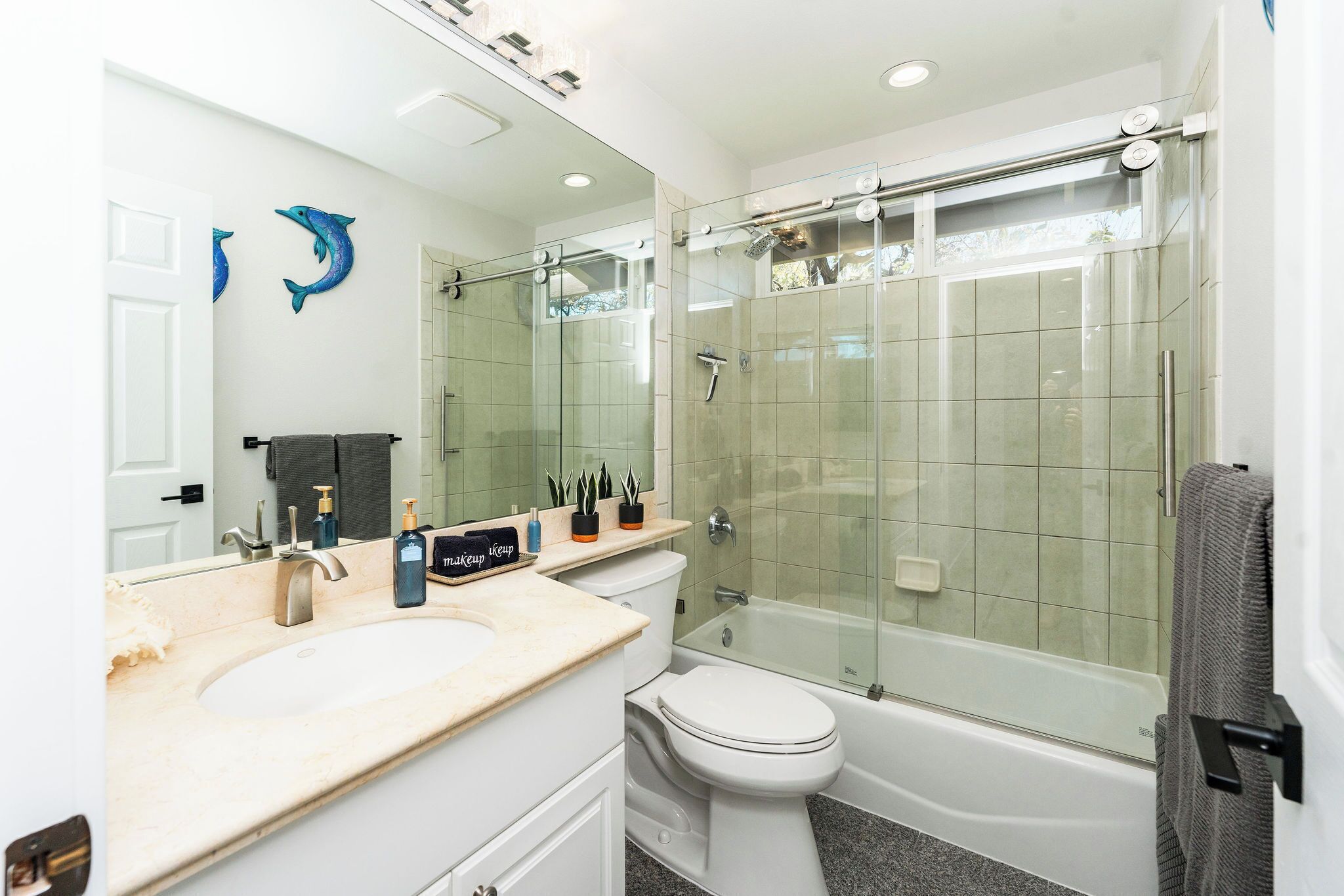 Combined shower/tub, hair dryer, towels, soap