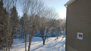 Paisagem coberta de neve com árvores desnudas e uma casa.