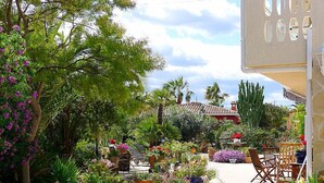 Un'area giardino all'aperto con piante in vaso e mobili da esterno.