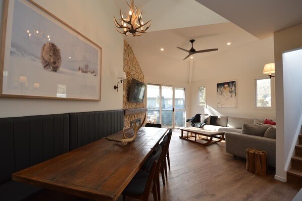 Smart TV, fireplace, books, stereo